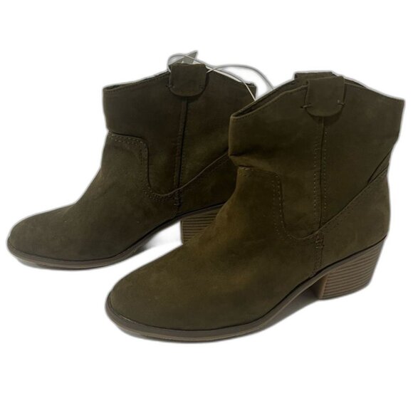 Merona Khaki Western Ankle Boots Block Heel Size 9 Faux Suede New NWT - Picture 2 of 9